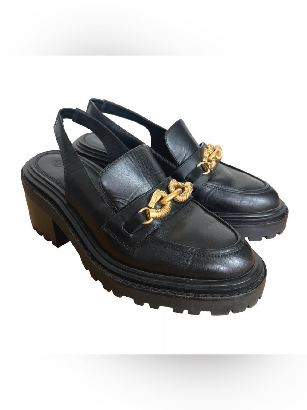 Tory Burch Jessa Black Leather Slingback Loafers Gold Chain Accent Lug Soles NEW